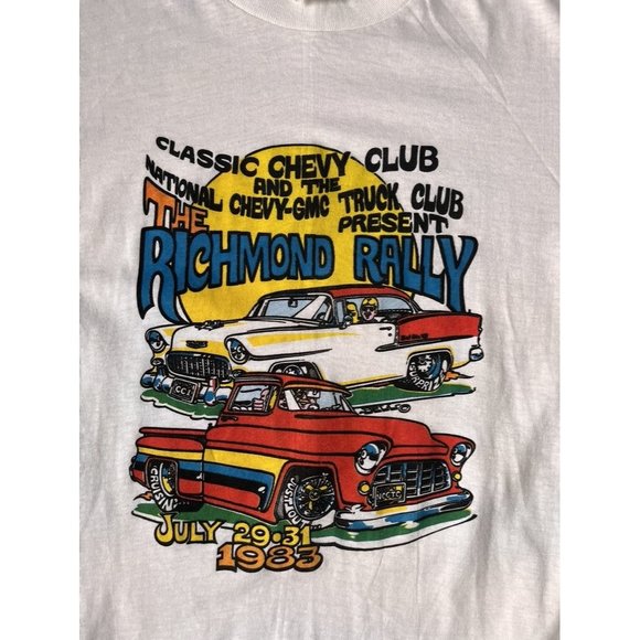 VINTAGE 1980S CHEVY CLUB CAR RALLY WHITE SINGLE STITCH T SHIRT SIZE M STEDMAN - Picture 3 of 6